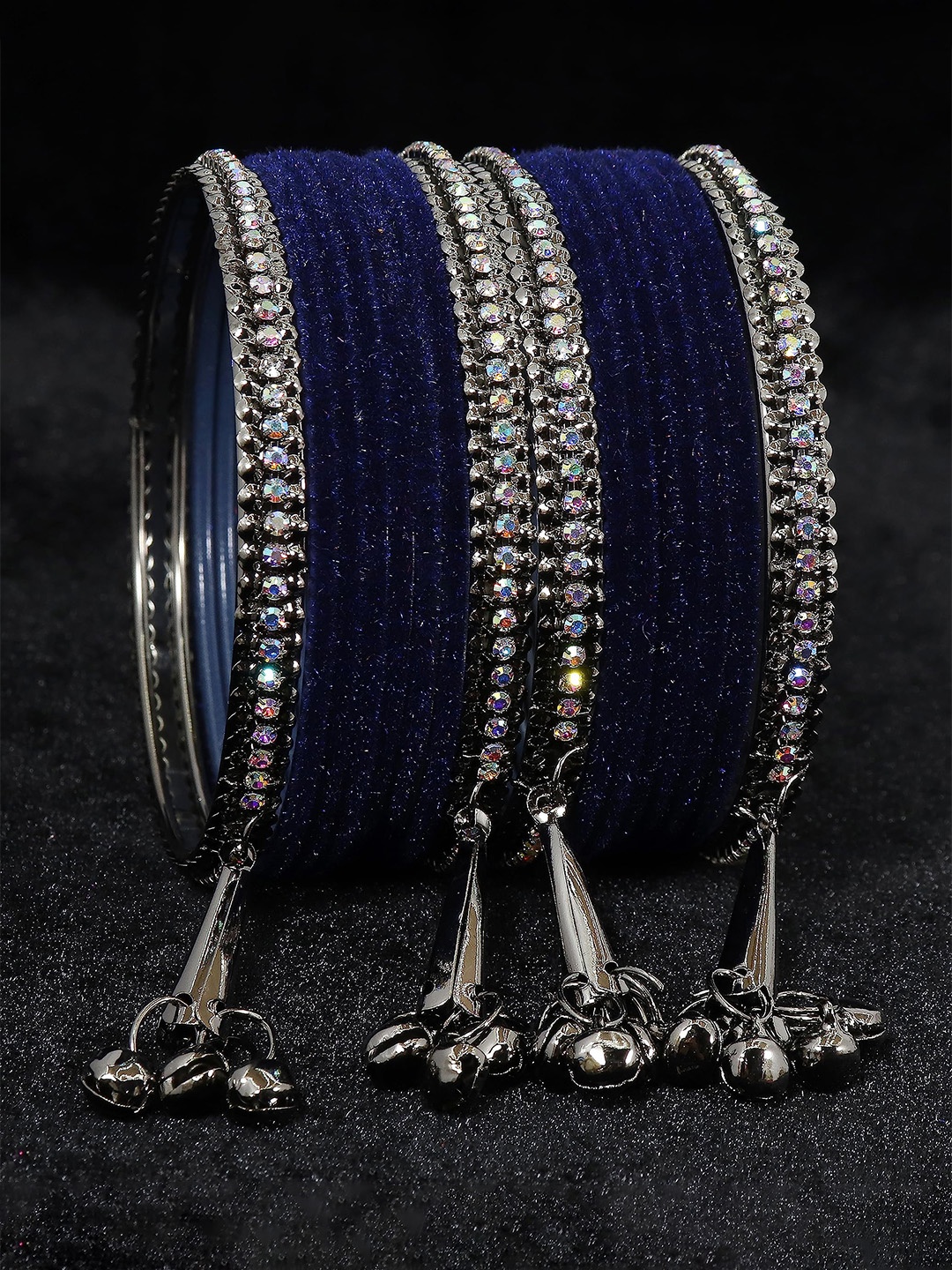 

ZULKA Set of 16 Metal with Zircon Gemstone and Velvet Adorned Bells Latkan Bangles, Purple