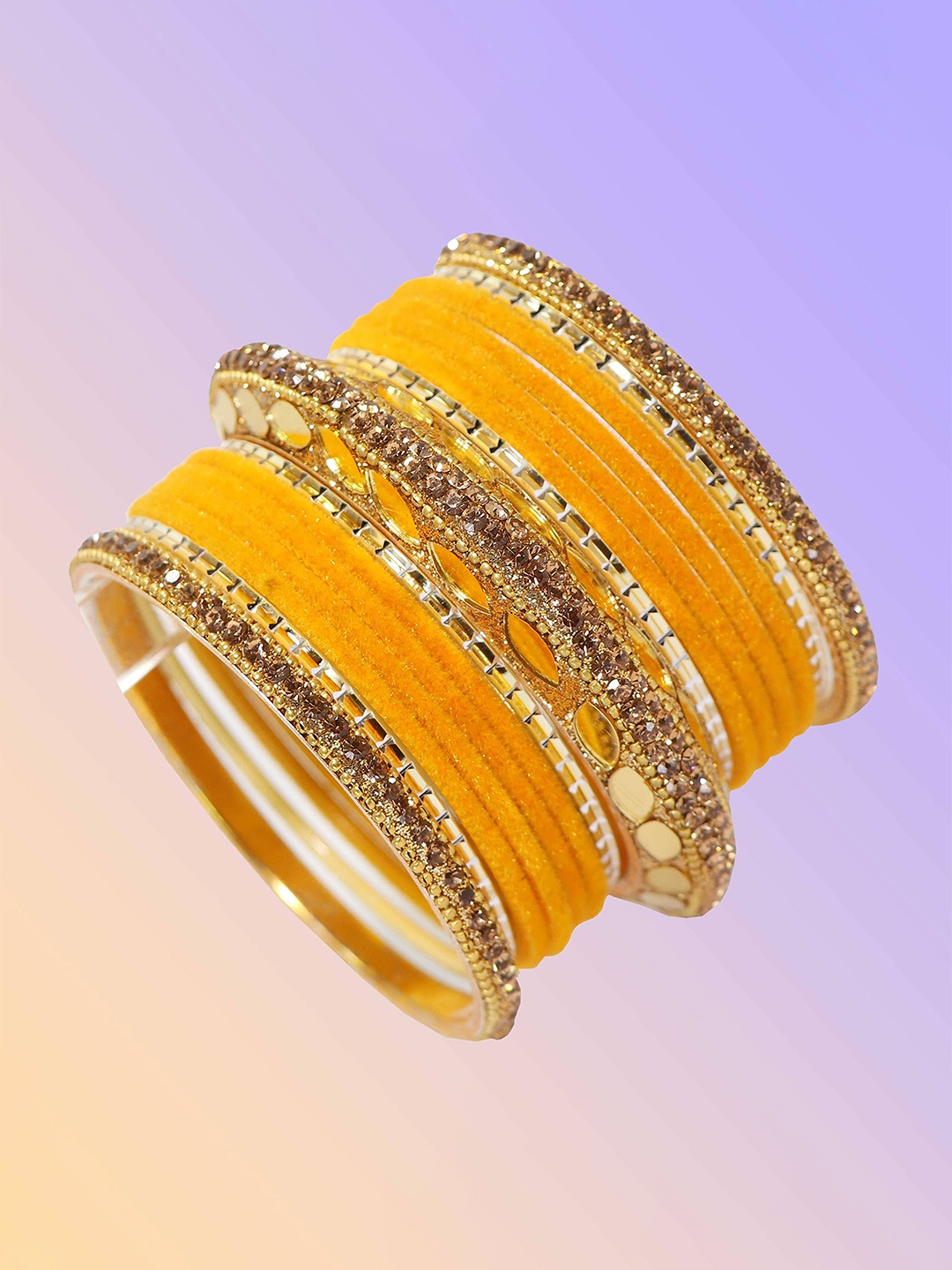 

ZULKA Set of 60 Gold Plated Metal Bangles Chuda with Zircon Stone & Beads, Yellow