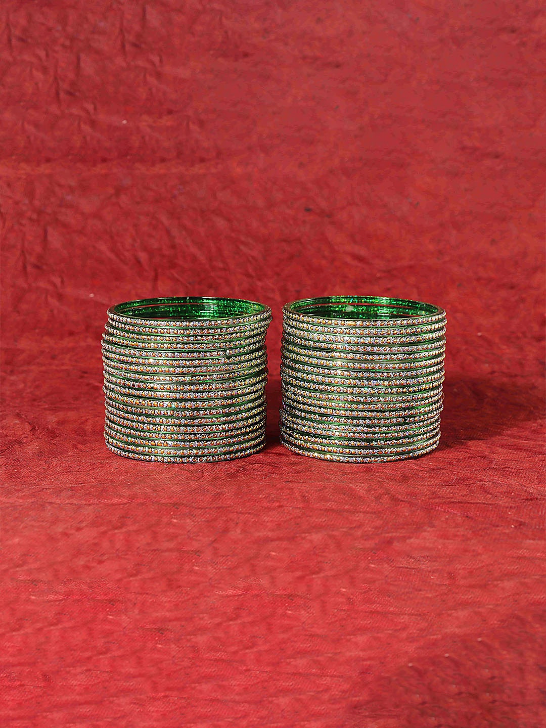 

ZULKA Set of 36 Glass Golden Polka Dots & Glitter Fancy Bangles, Green