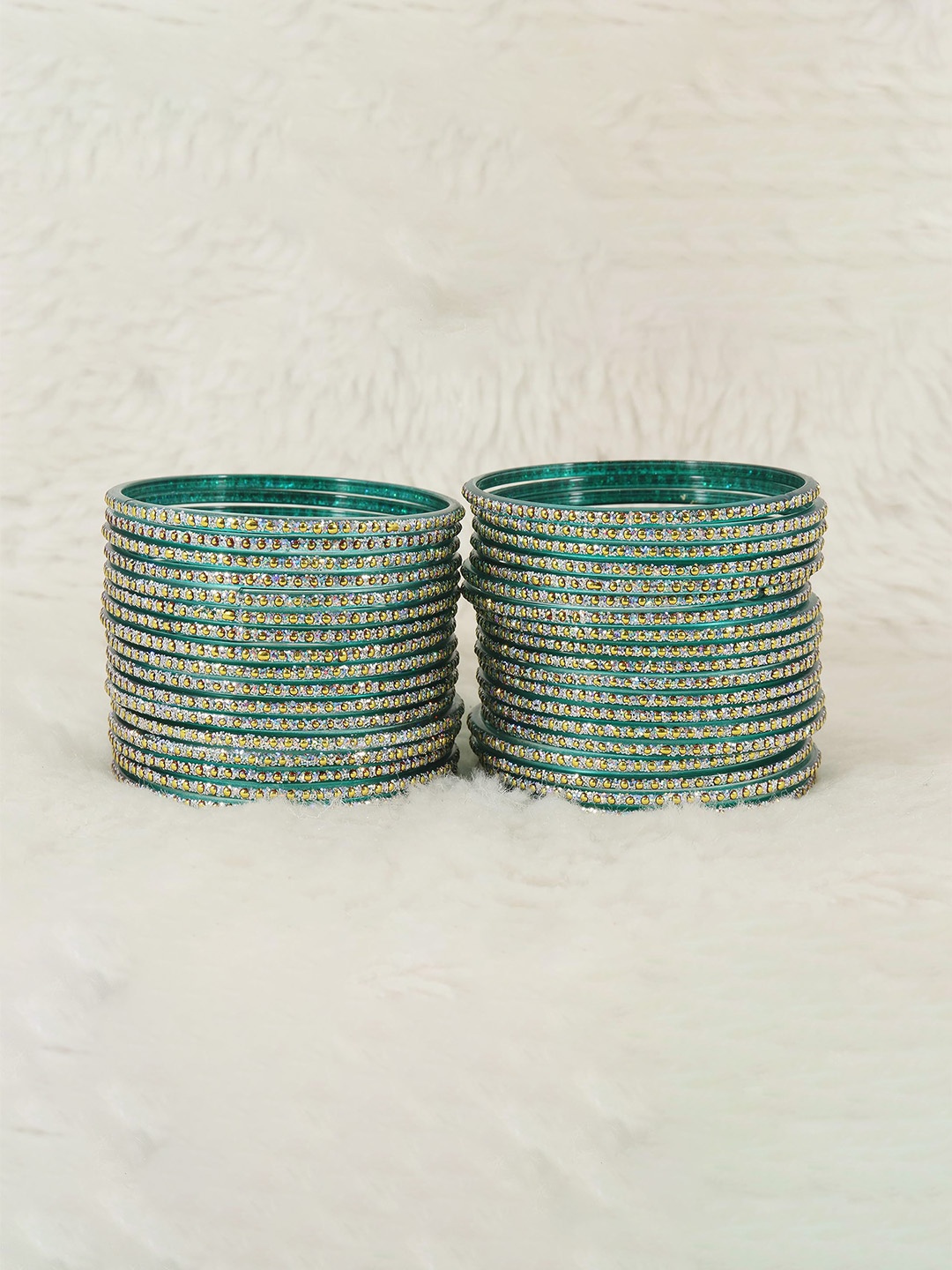 

ZULKA Set of 36 Glass with Golden Polka Dots & Glitter Fancy Bangles, Green