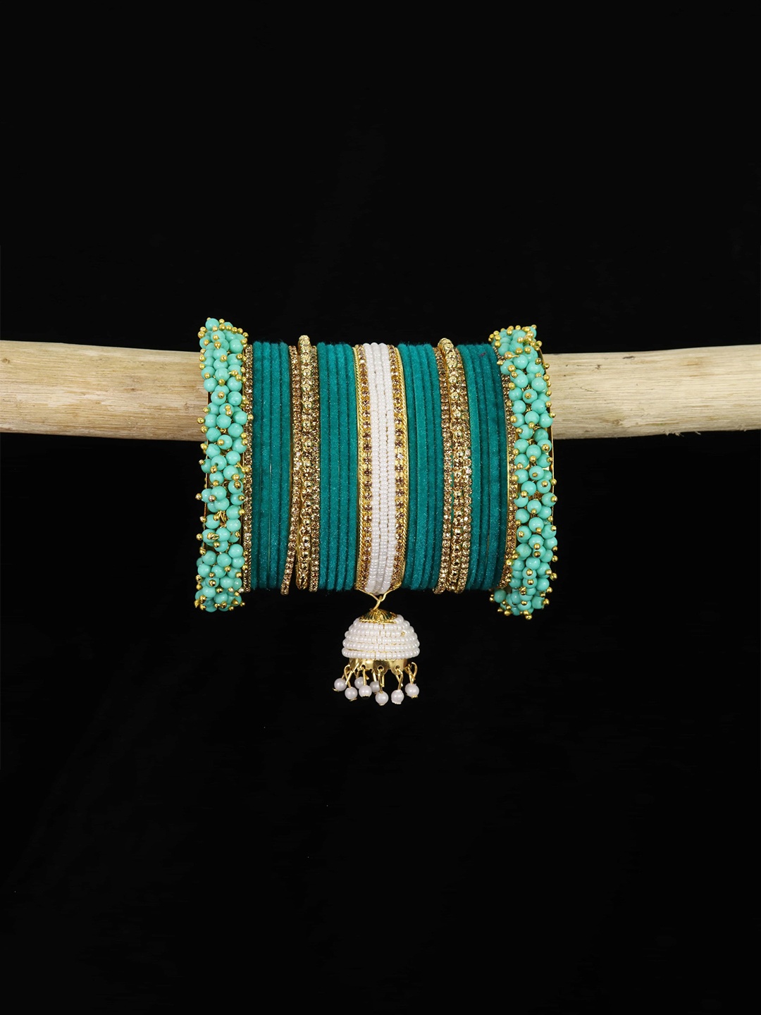 

ZULKASet of 54 Metal Pearls & Velvet Bangles, Yellow