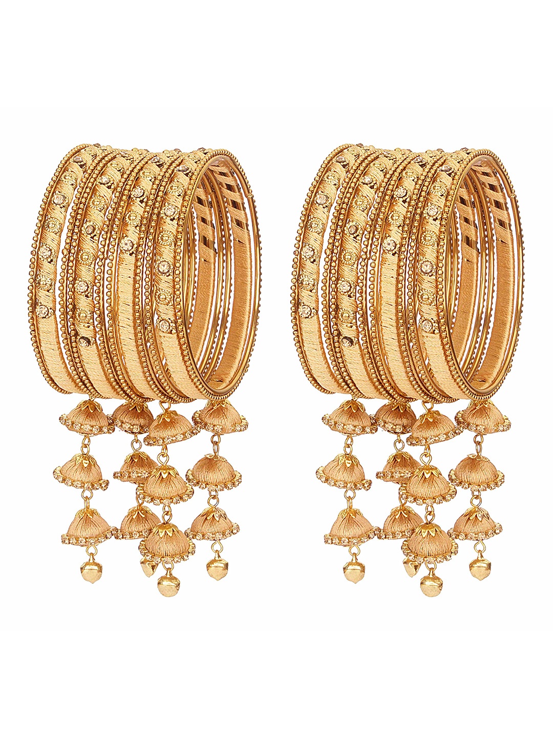 

ZULKA Set Of 20 Silk Thread and Zircon Gemstone Studded Latkan Bangles, Gold