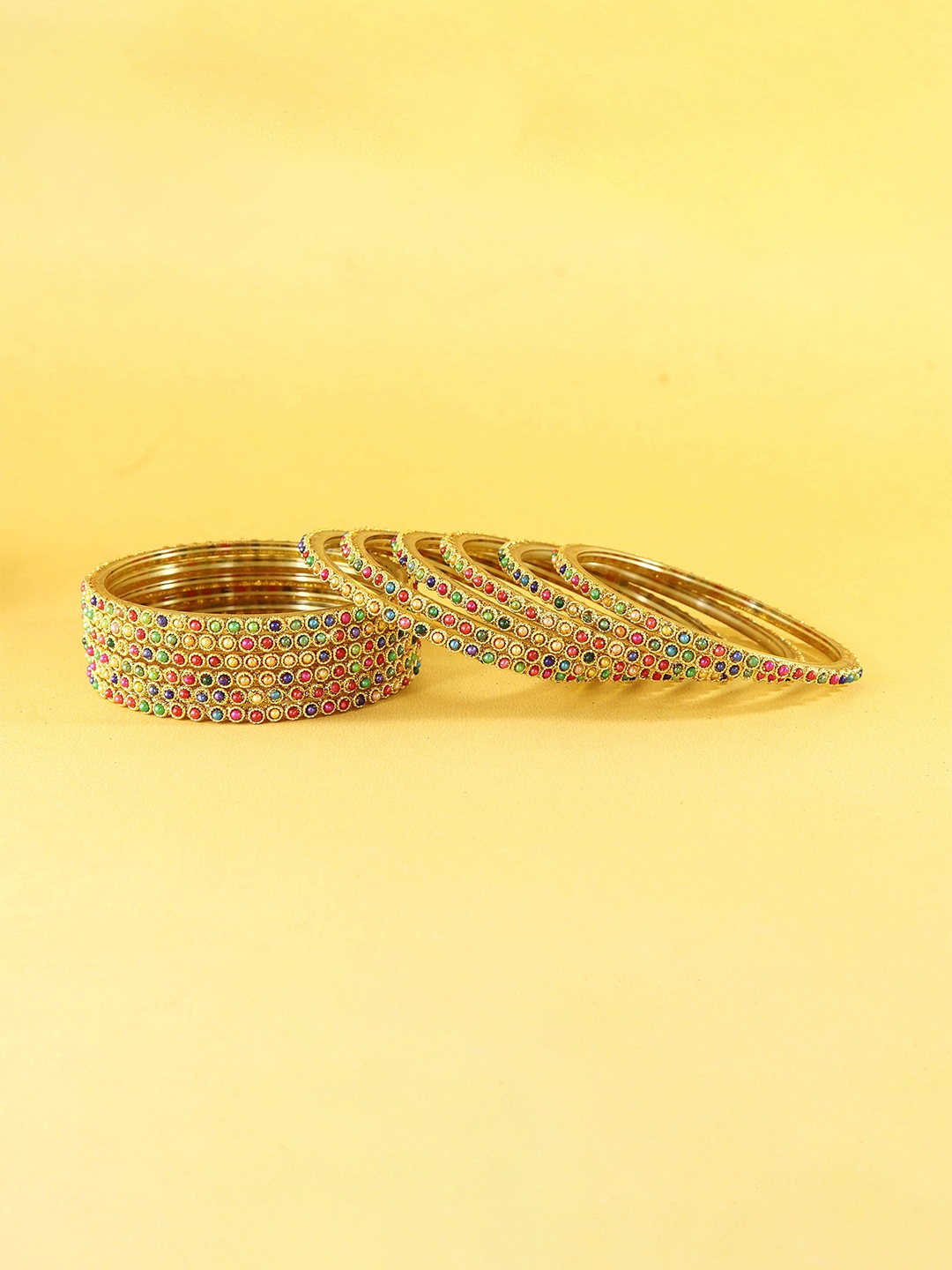 

ZULKA Set of 4 Women Glass with Beads Studded Bangle, Gold
