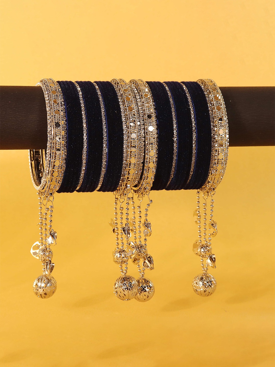 

ZULKA Set of 40 Silver Latkan Metal Bangles with Zircon Diamond Metal Latkan Bangle, Navy blue