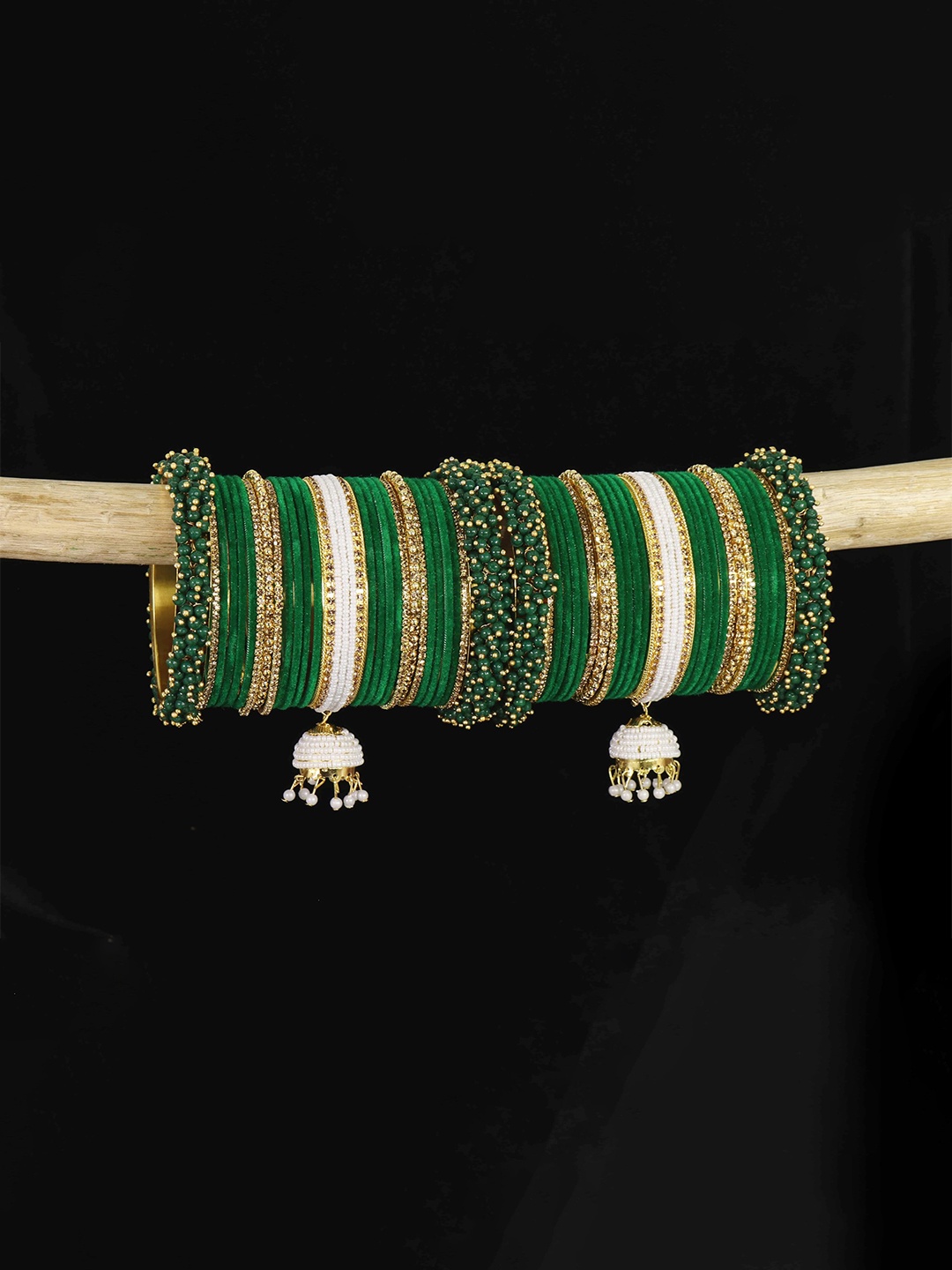 

ZULKA Set of 54 Metal with Zircon Gemstone Studded Velvet Bangles With Latkan, Green