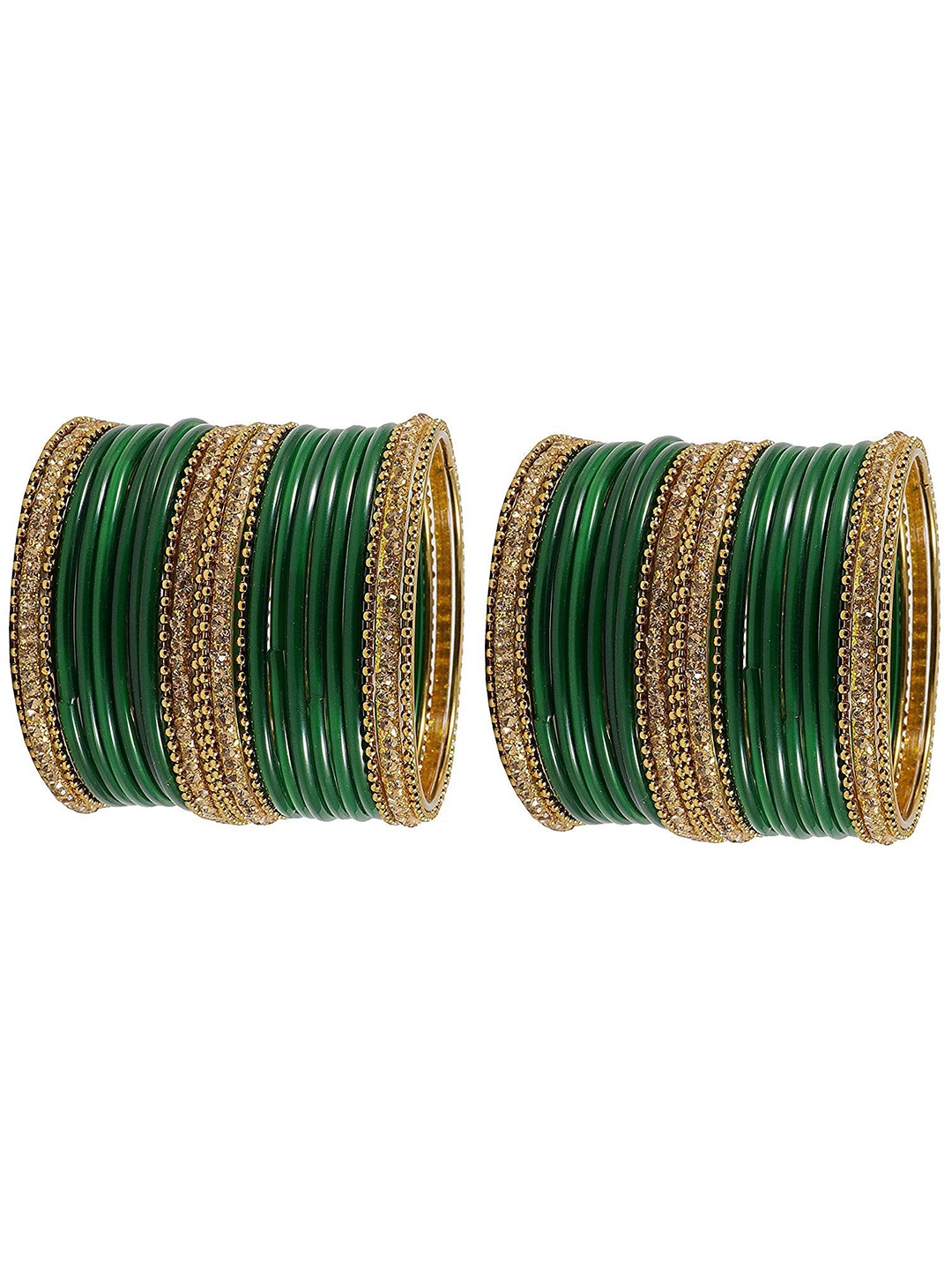 

ZULKA Set OF 48 Glass Zircon Gemstone worked Traditional and Plain Bangle, Gold