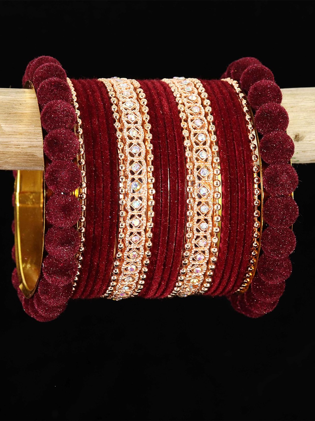 

ZULKA Set of 38 Zircon Diamond & Bells Latkan Bangles, Maroon
