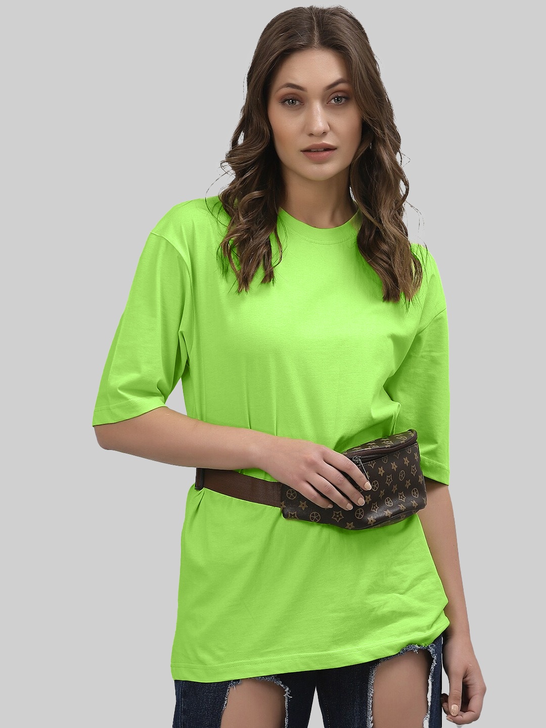 

Leotude Women Solid Round Neck Cotton Oversized T-shirt, Green