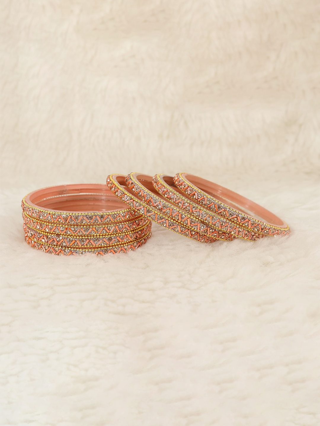 

ZULKA Set of 8 Glass Zircon Gemstone and Beads Studded Bangles, Peach