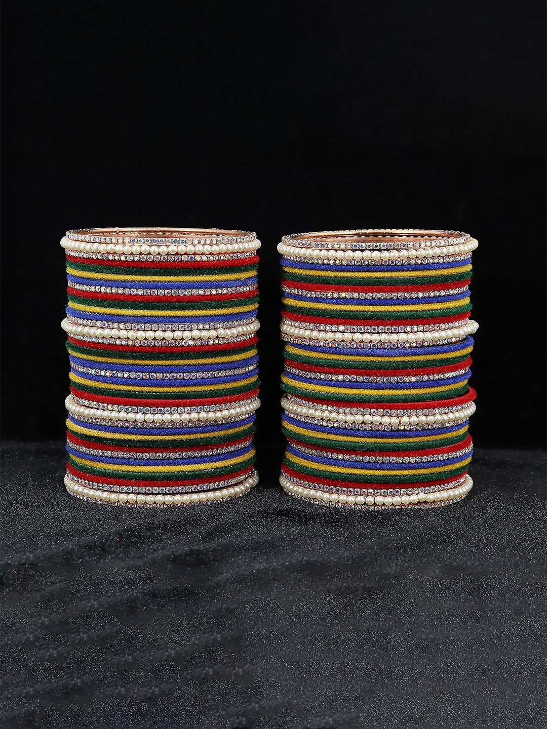 

ZULKA Set of 32 Alloy Metal with Zircon Gemstone Pearls and Velvet Latkan Bangles, Black