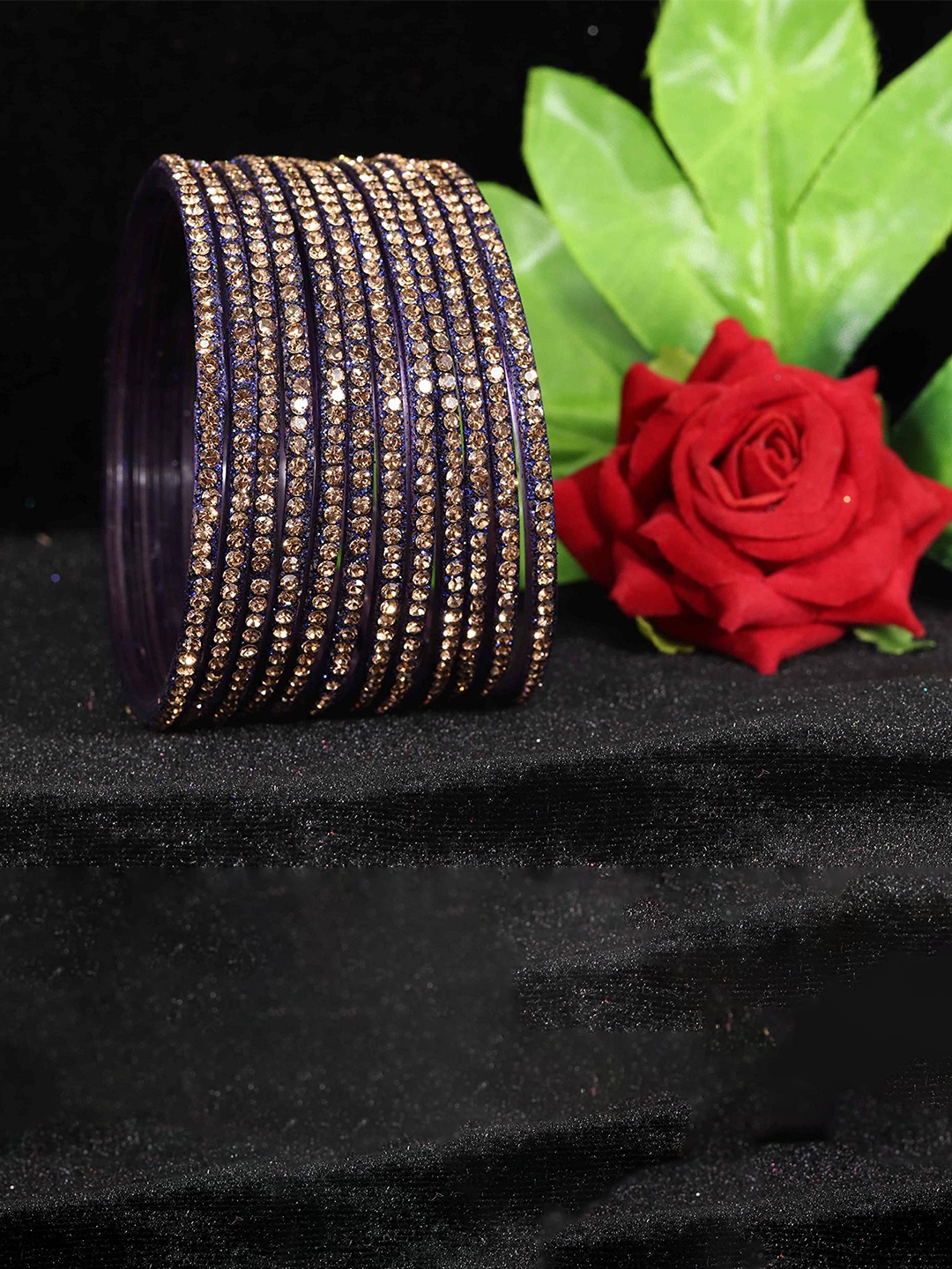 

ZULKA Set of 12 Glass With Zircon Gemstone Studded Glossy Finished Bangle, Gold