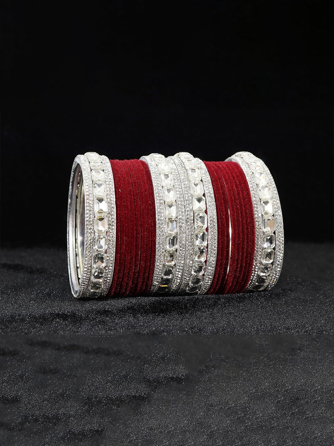 

ZULKA Set OF 28 Metal Bangles Studded with Zircon Gemstone and Velvet Bangles, Silver