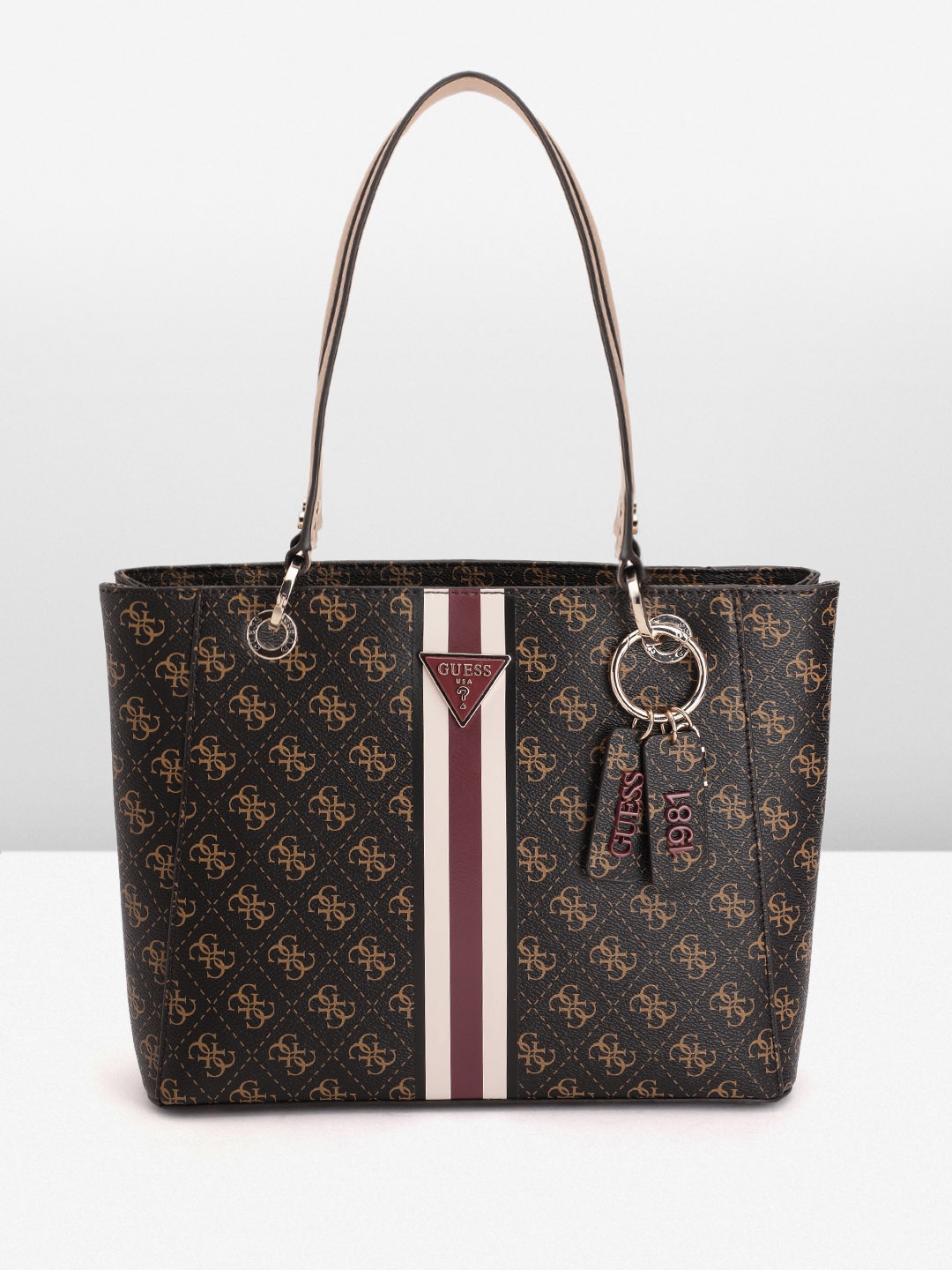 

GUESS Women Brand Logo Printed Structured Shoulder Bag, Brown