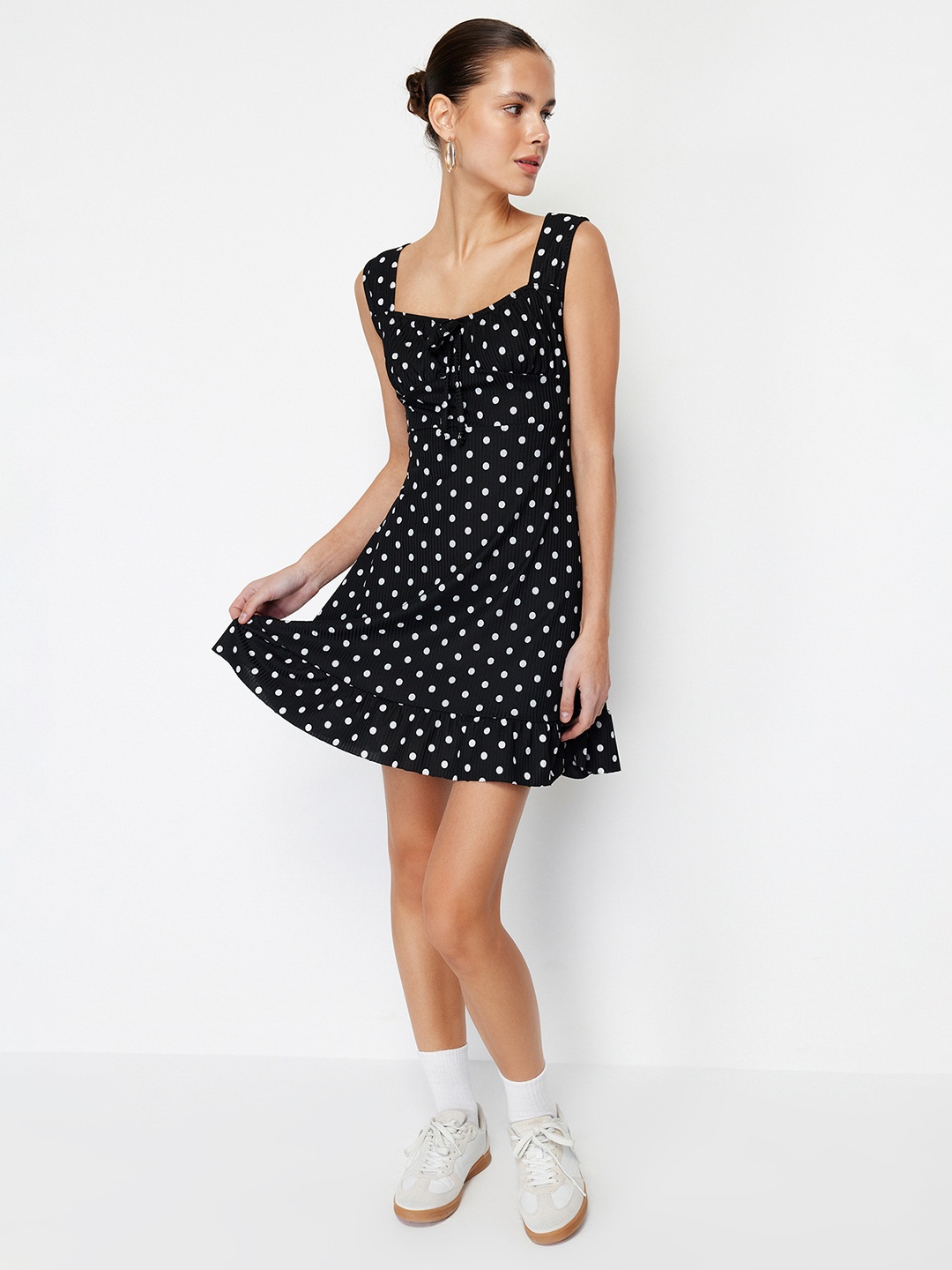 

Trendyol Women Square Neck Polka Dot Print Fit & Flare Dress, Black