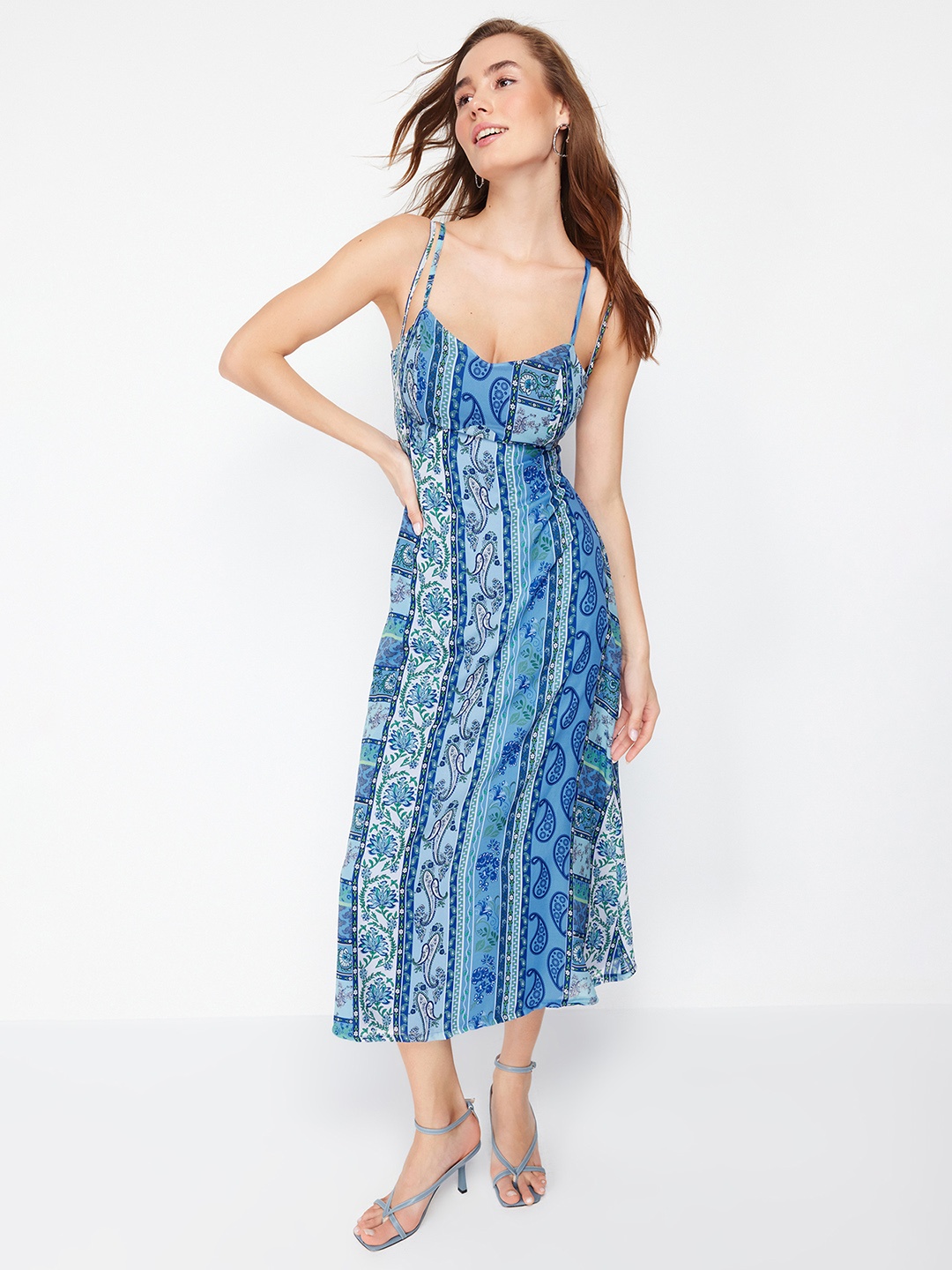 

Trendyol Women Shoulder Straps Ethnic Motifs Fit & Flare Midi Dress, Blue