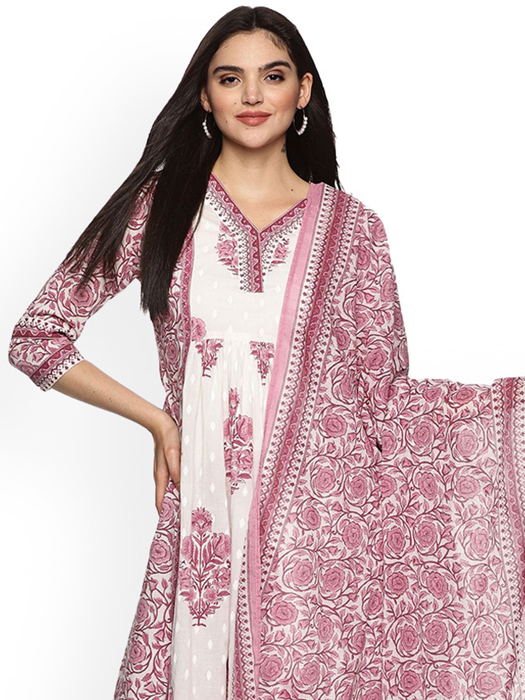 

RAJMANDIRFABRICS Floral Printed Sequinned Pure Cotton A-Line Kurta with Trouser & Dupatta, Brown