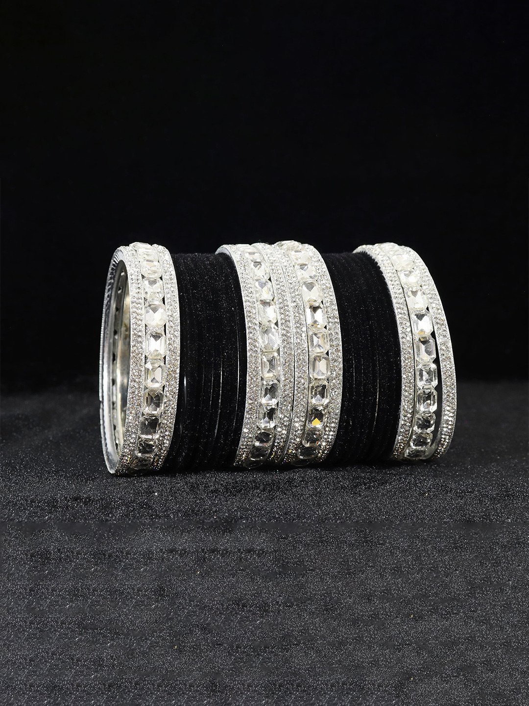 

ZULKA Set of 28 Alloy Artificial Stones and Beads Studded Velvet Bangles, Silver