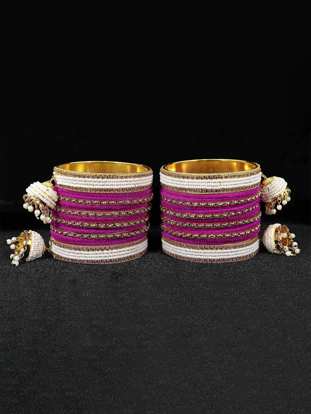

ZULKA Set of 32 Metal Zircon Gemstone and Velvet Latkan Bangles, Red