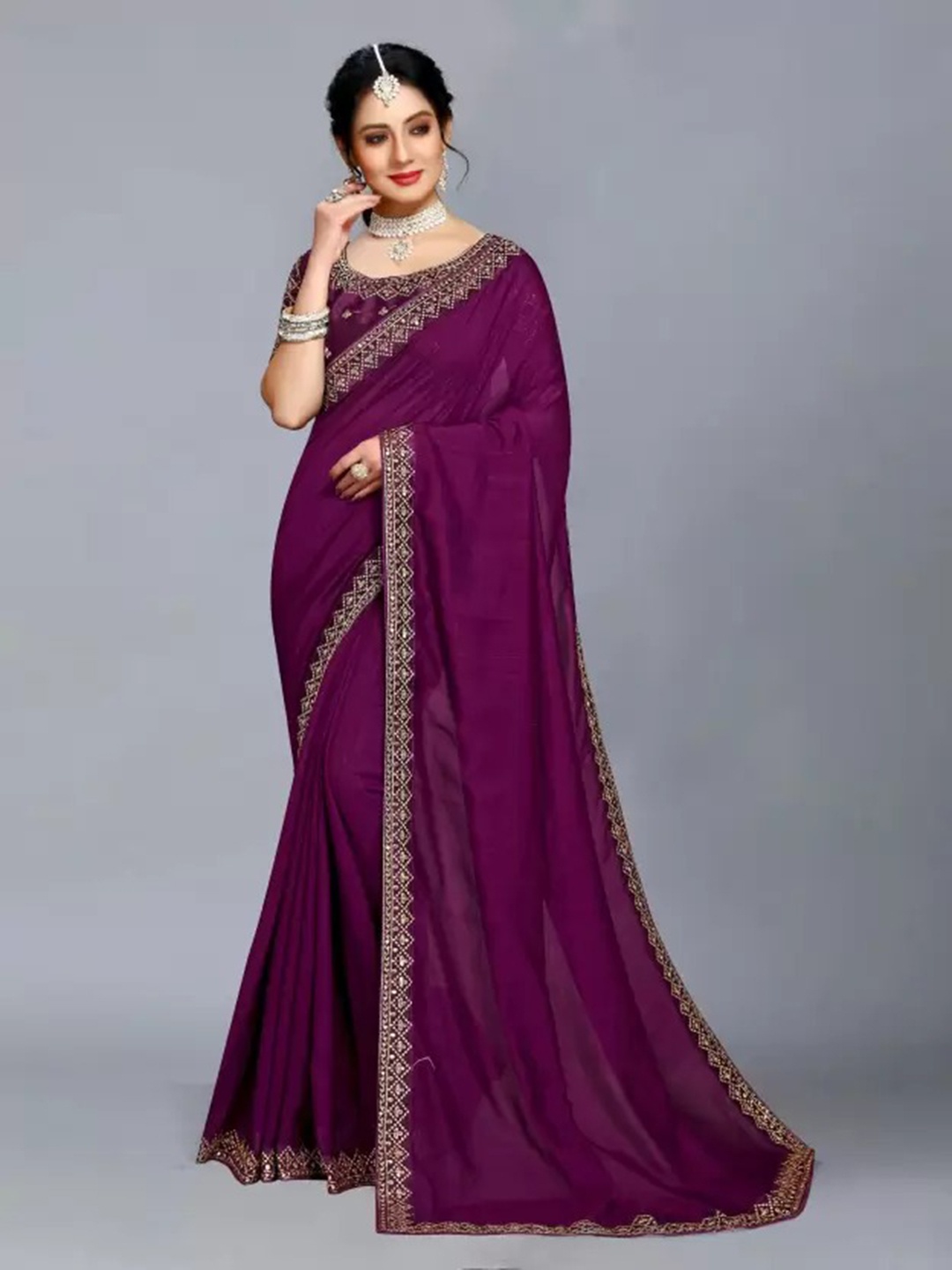 

KALINI Embroidered Maheshwari Saree, Purple