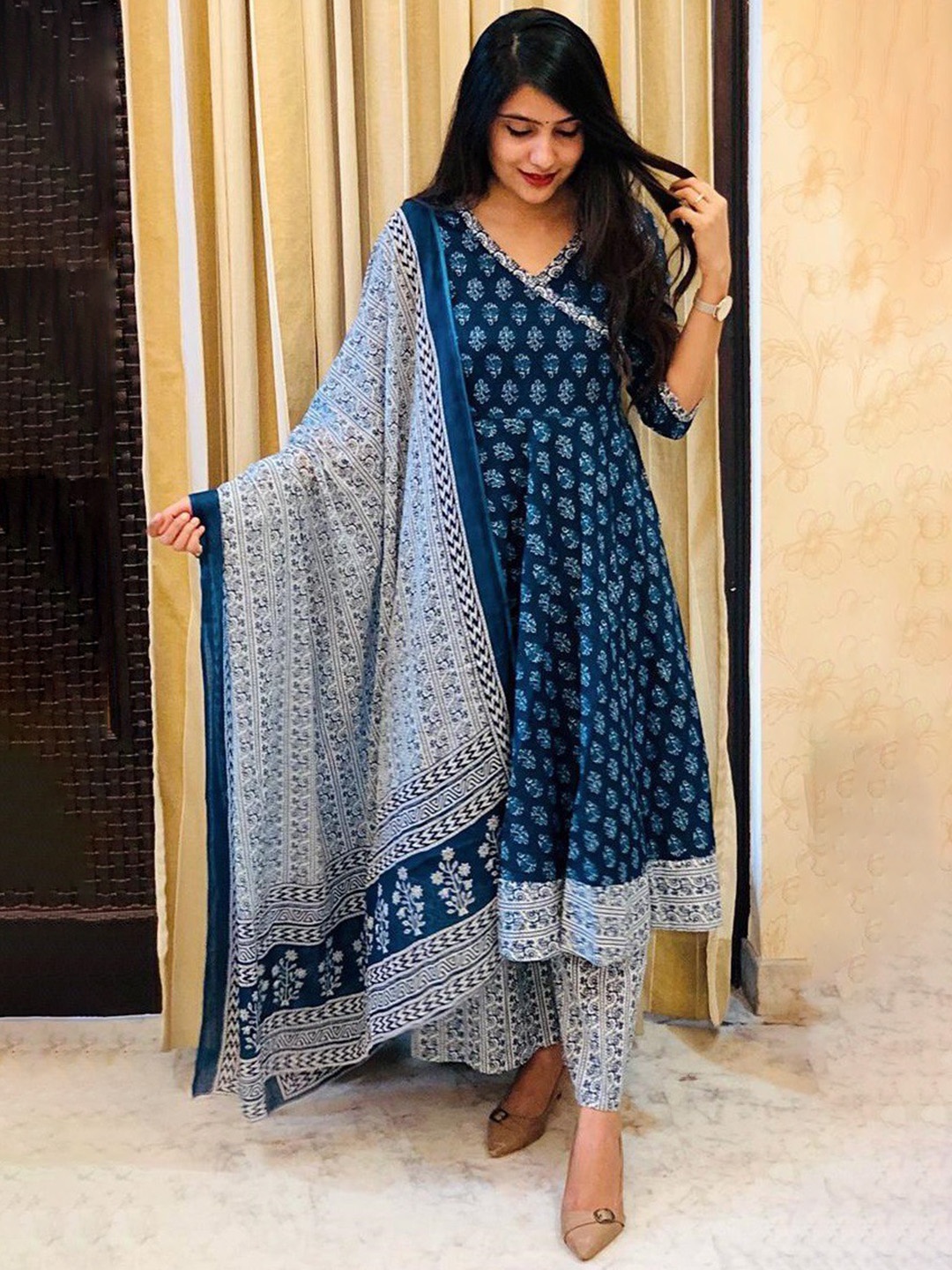

Sidhidata Round Neck Floral Printed Angrakha Anarkali Kurta with Trouser & Dupatta, Blue