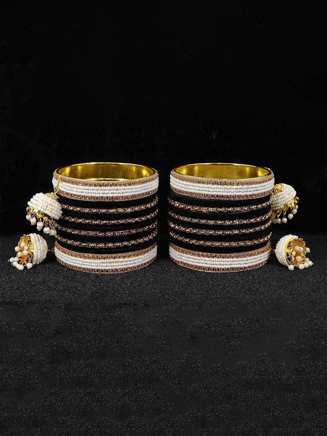 

ZULKA Set of 32 Alloy Metal with Zircon Gemstone Pearls and Velvet Latkan Bangles, Peach