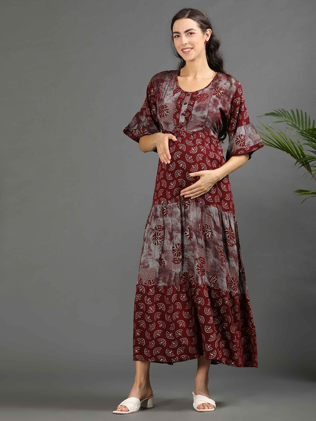 

GOLDSTROMS Women Printed Maternity Long Ethnic Dress, Maroon