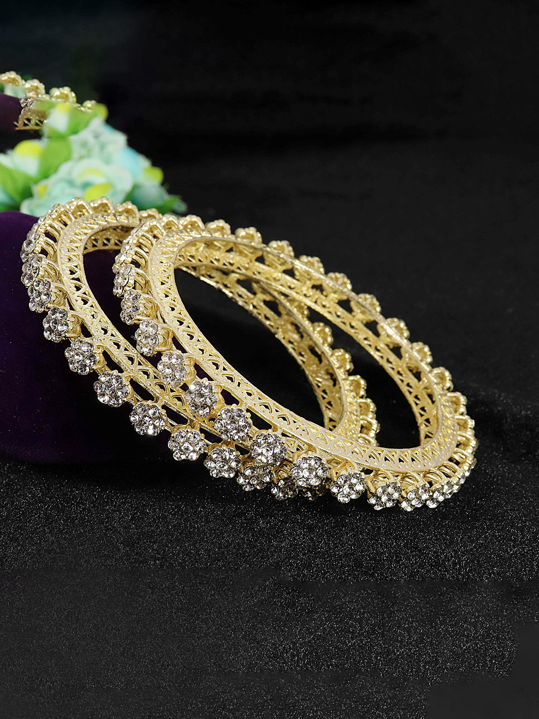

ZULKA Set of 2 Gold Plated Metal Zircon Diamond Stone Kada Bangle