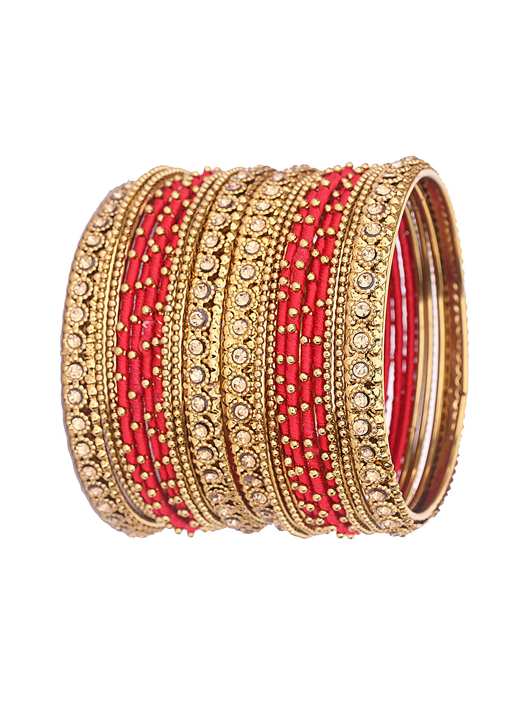 

ZULKA Set of 28 Metal With Zircon Gemstone Studded Traditional Bangle, Pink