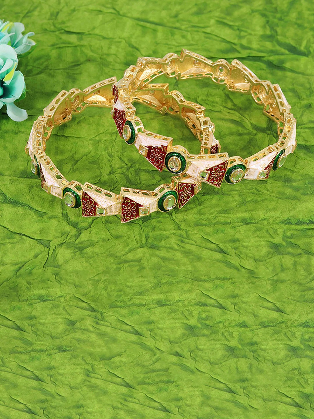 

ZULKA Set OF 2 Gold-Plated Artificial Stones and Beads Studded Bangles, Red