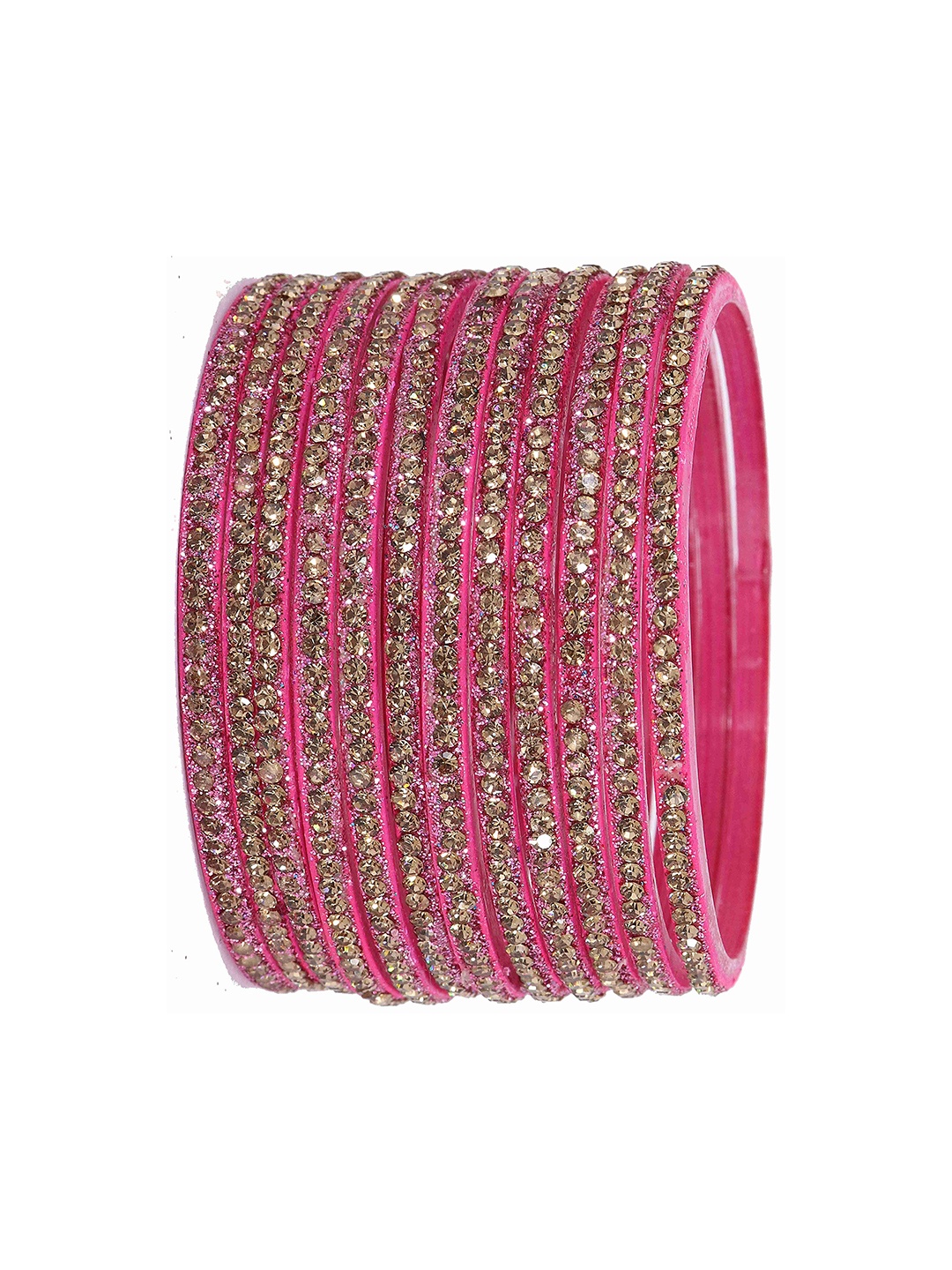 

ZULKA Set of 12 Women Glass With Zircon Gemstone Studded Bangle, Pink