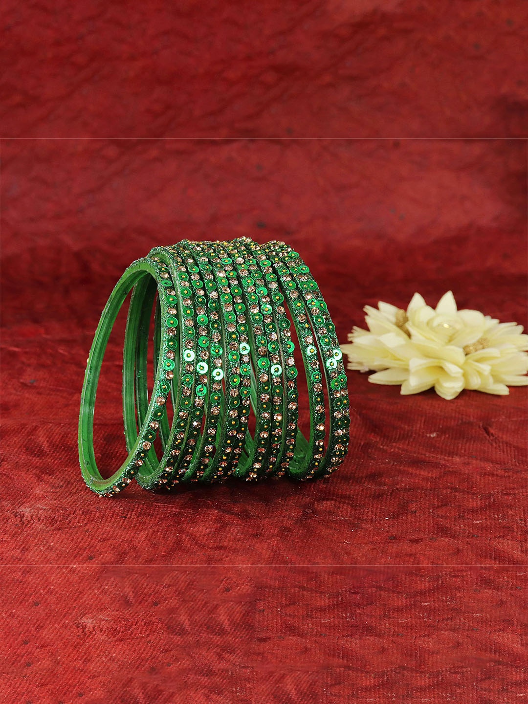 

ZULKA Set of 40 Glass and Adhesive with American Diamond or Golden Beads Bangle, Green