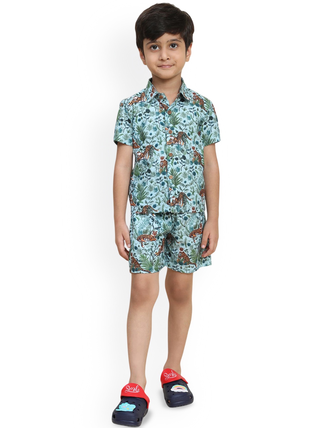 

Funny Bones Clothings Boys Tiger Printed Shirt With Shorts, Blue