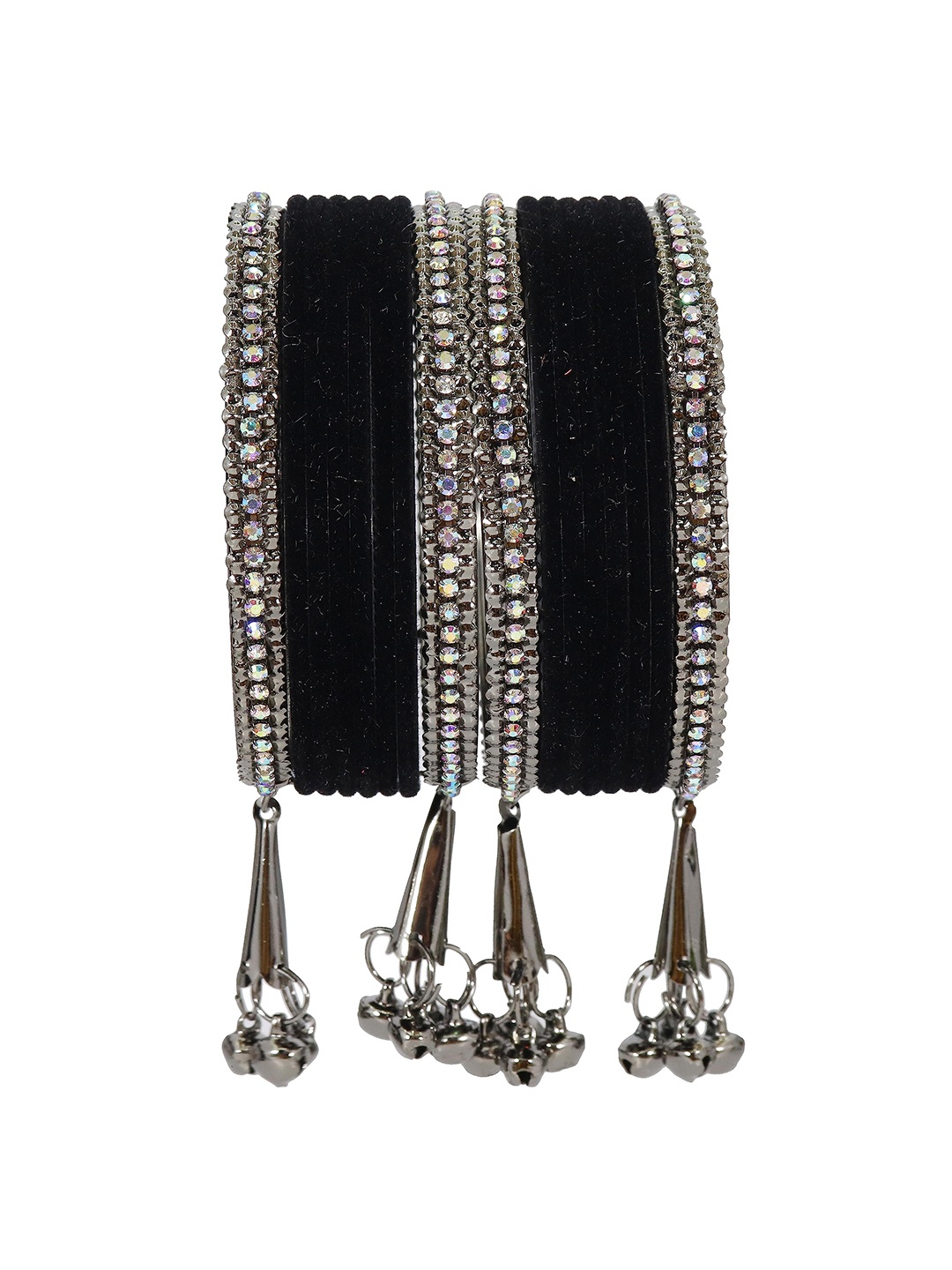 

ZULKA Set of 16 Metal with Zircon Gemstone Velvet Latkan Bangles, Black