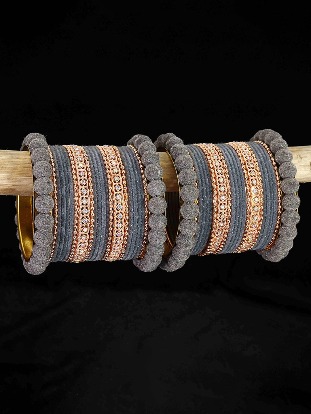 

ZULKA Set of 38 Metal Bangles Chuda with Zircon Diamond & Bells Latkan, Grey