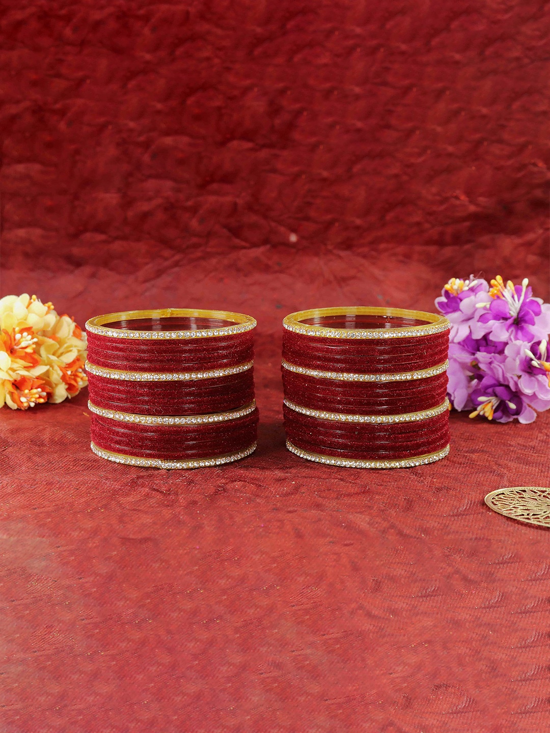 

ZULKA Set of 32 Glass with Velvet & Golden Zircon Diamond Stone Bangles, Green