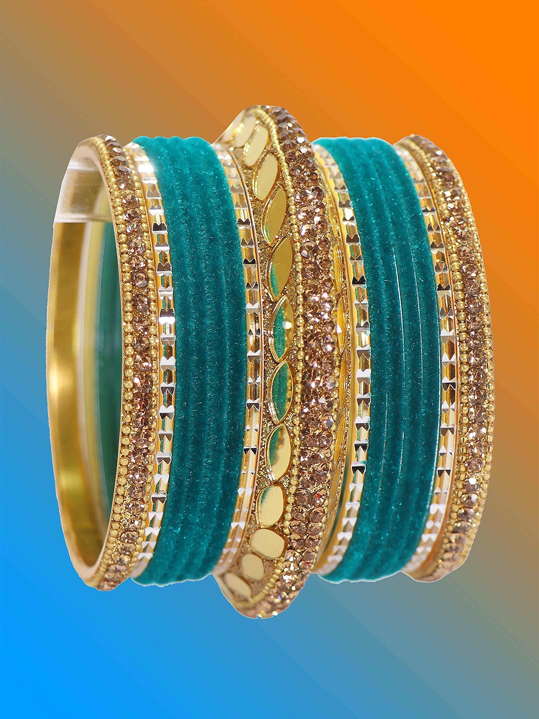 

ZULKA Set of 60 Gold Plated Metal Bangles Chuda with Zircon Stone & Beads, Black