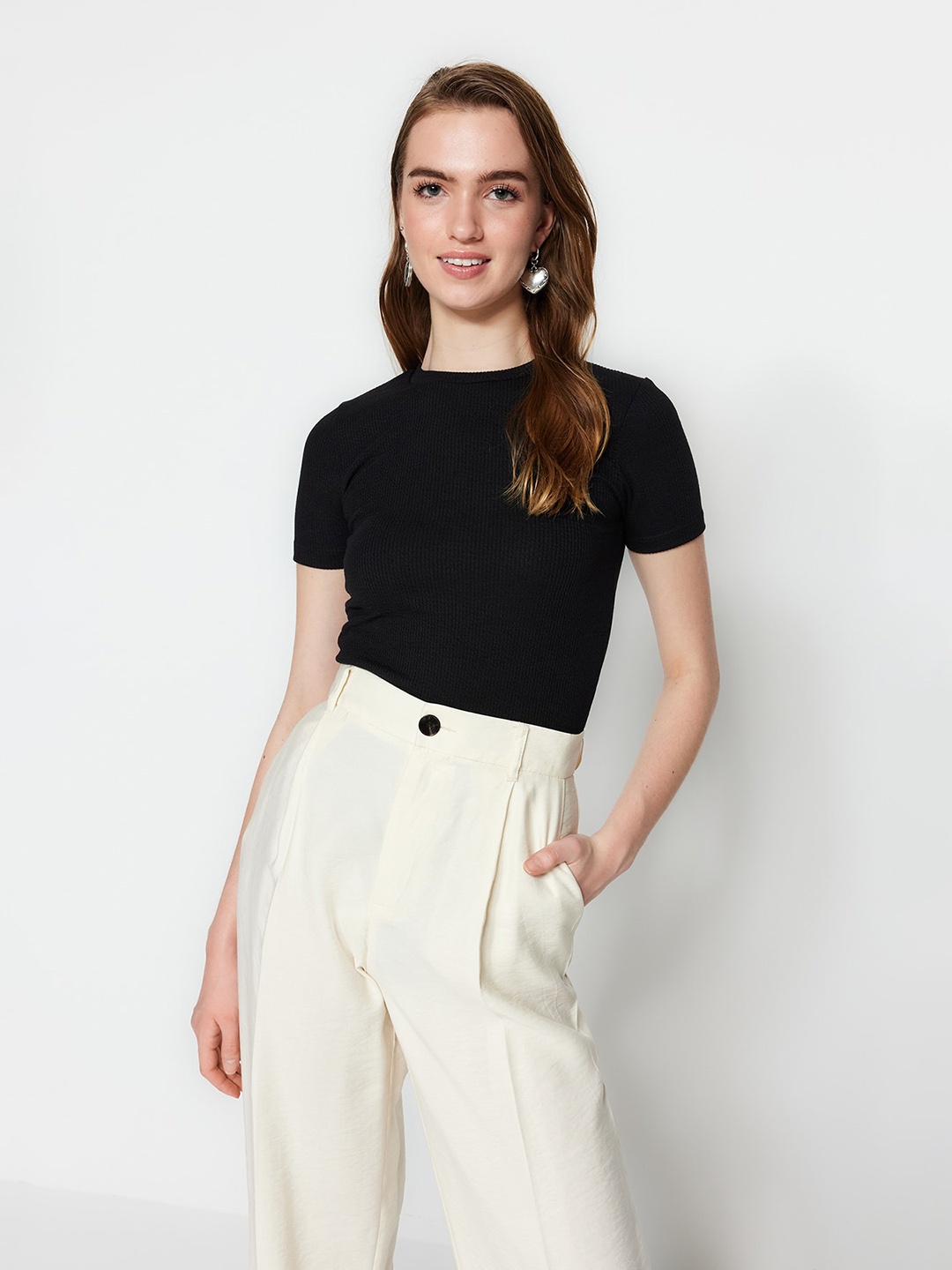 

Trendyol Self Design Ribbed Fitted Top, Black