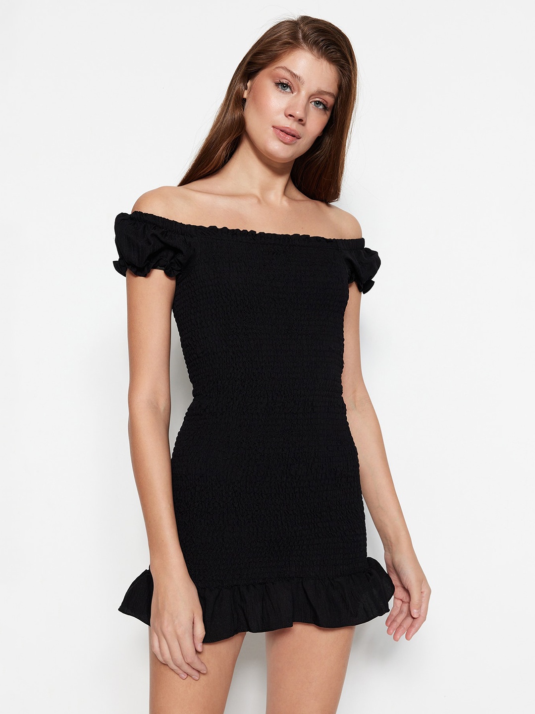 

Trendyol Off-Shoulder Smocked Sheath Mini Dress, Black