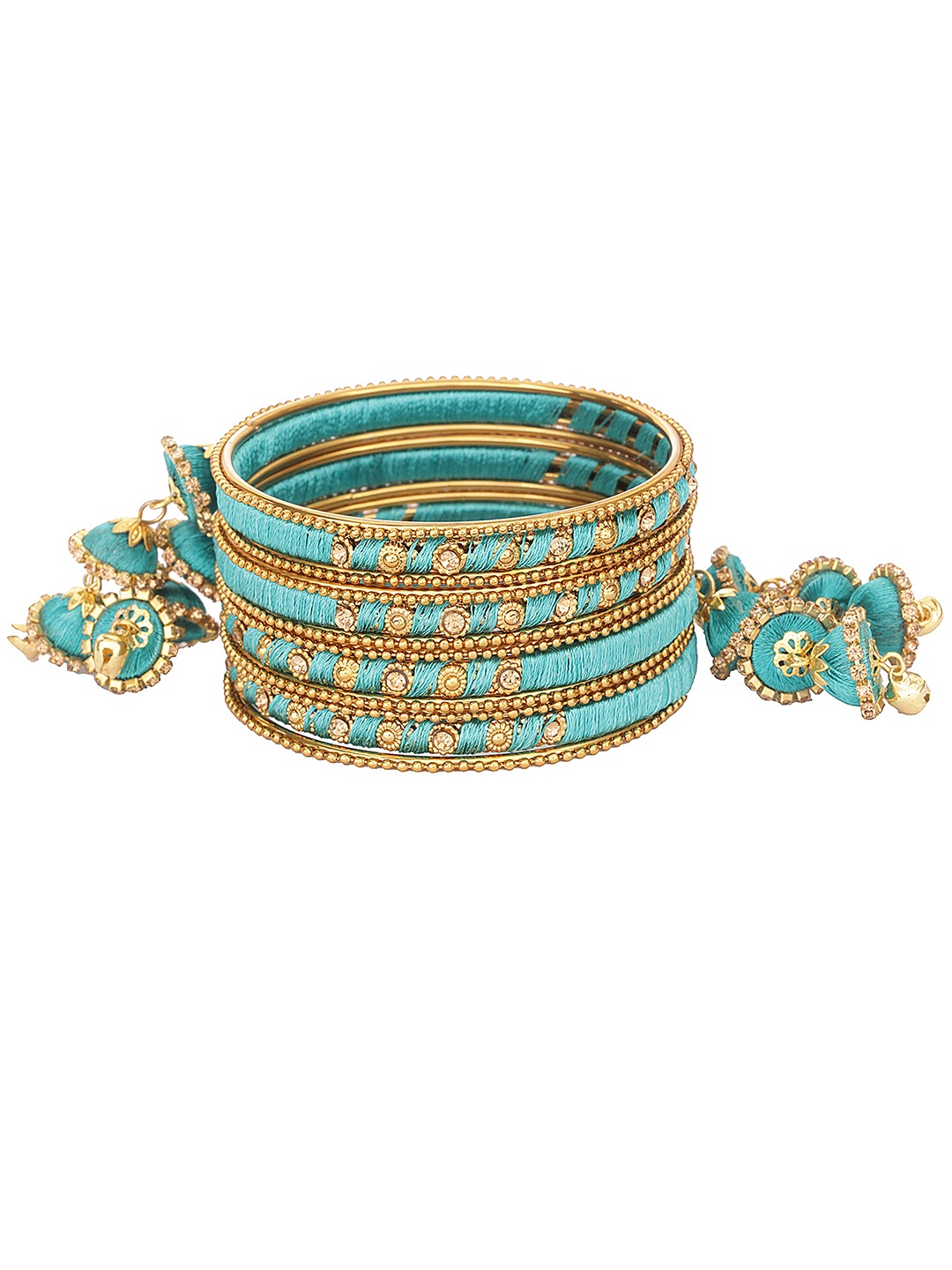 

ZULKA Set Of 20 Women Silk Thread and Zircon Gemstone Worked Metal Bangle, Green