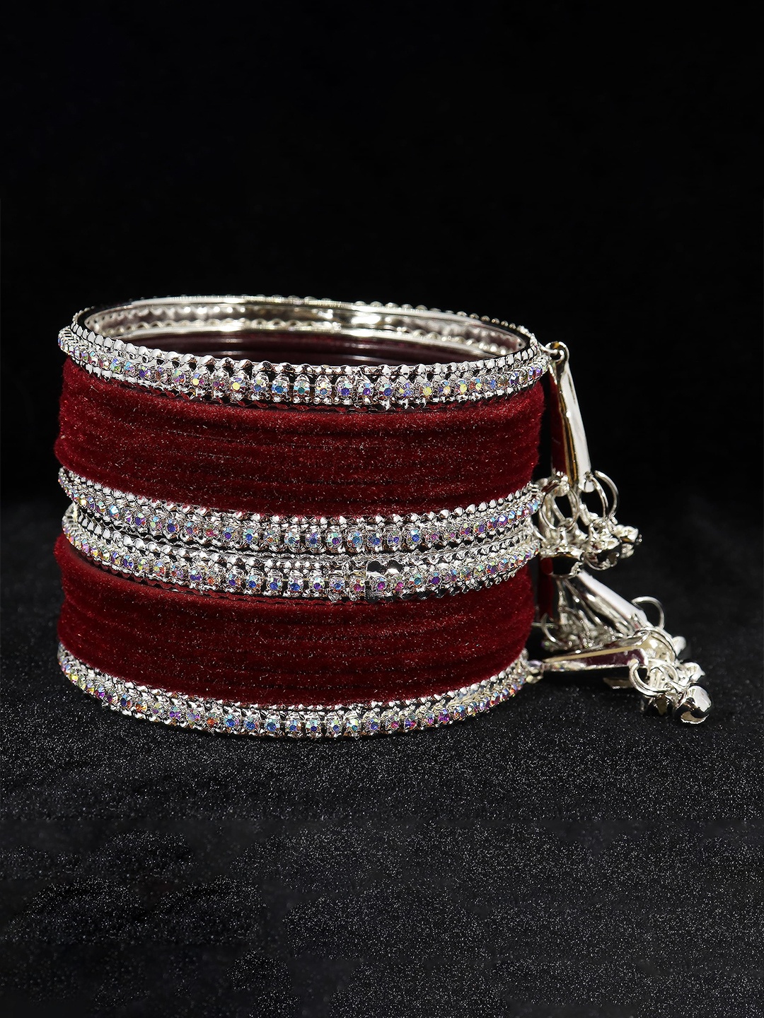 

ZULKA Set of 16 Metal with Zircon Gemstone and Velvet Studded Latkan Bangles, Blue