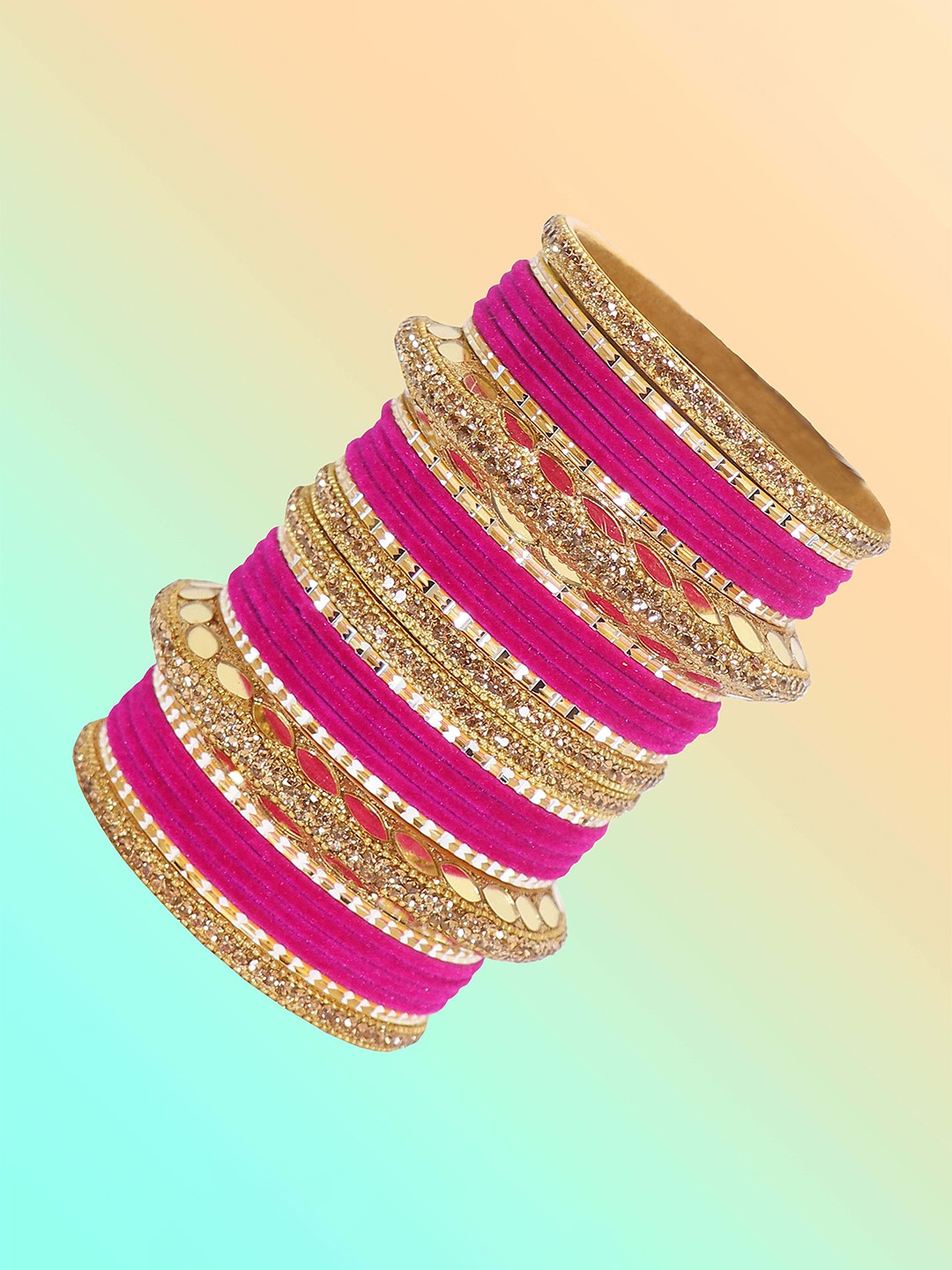 

ZULKA Set of 60 Gold Plated Metal Bangles Chuda with Zircon Stone & Beads, Orange