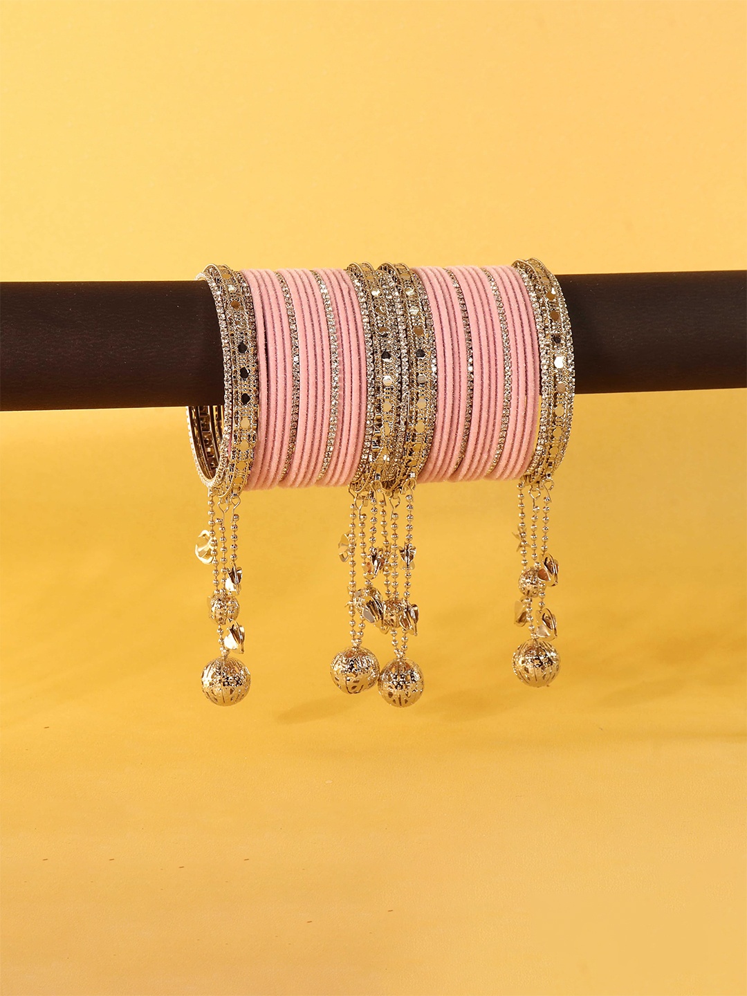 

ZULKA Set of 32 Stone Studded Metal Bangles with Latkan, Peach