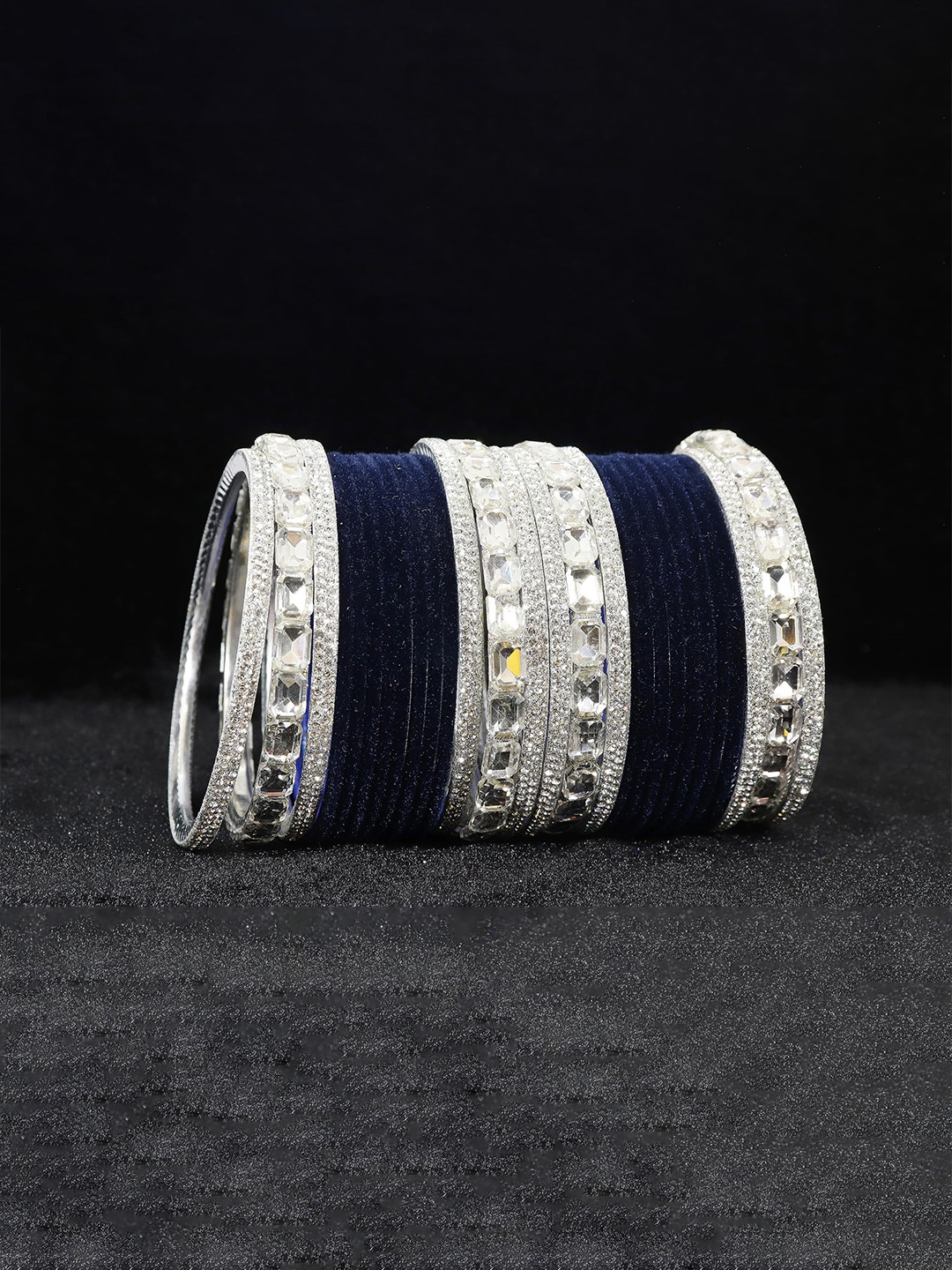 

ZULKA Set Of 28 Metal Bangles Studded with Zircon Gemstone and Velvet Bangles, Silver