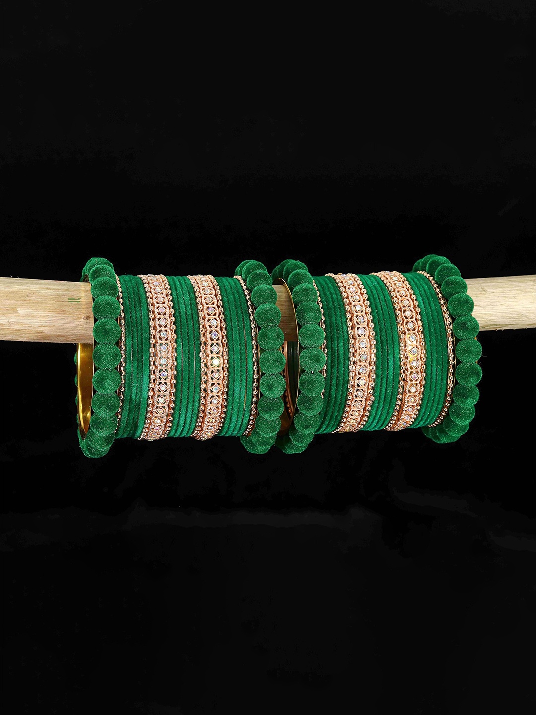 

ZULKA Set of 44 Gold Metal Velvet Bangles Chuda Bangles, Green