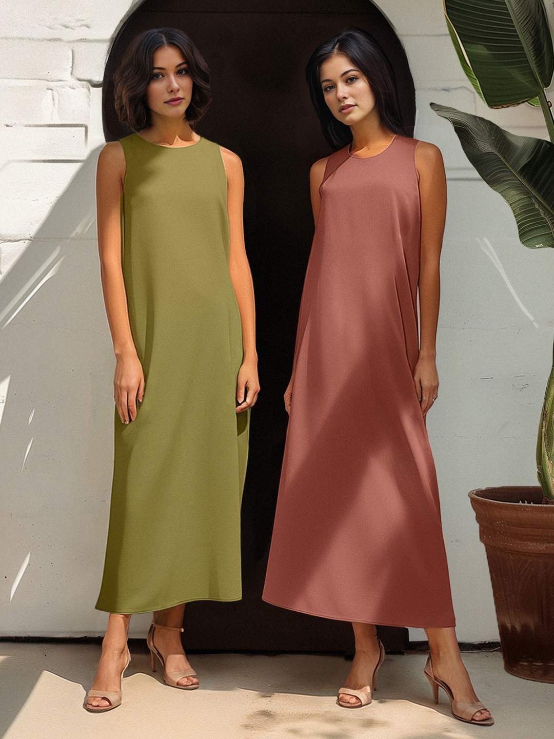 

Trendyol Pack Of 2 Round Neck Cotton Midi A-Line Dress, Khaki