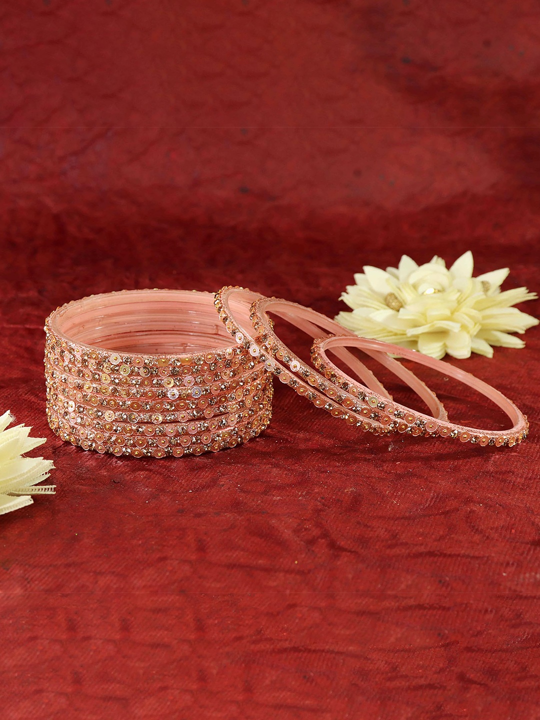 

ZULKA Set Of 2 Glass Engraved Pattern Glossy Finish Bangles, Pink