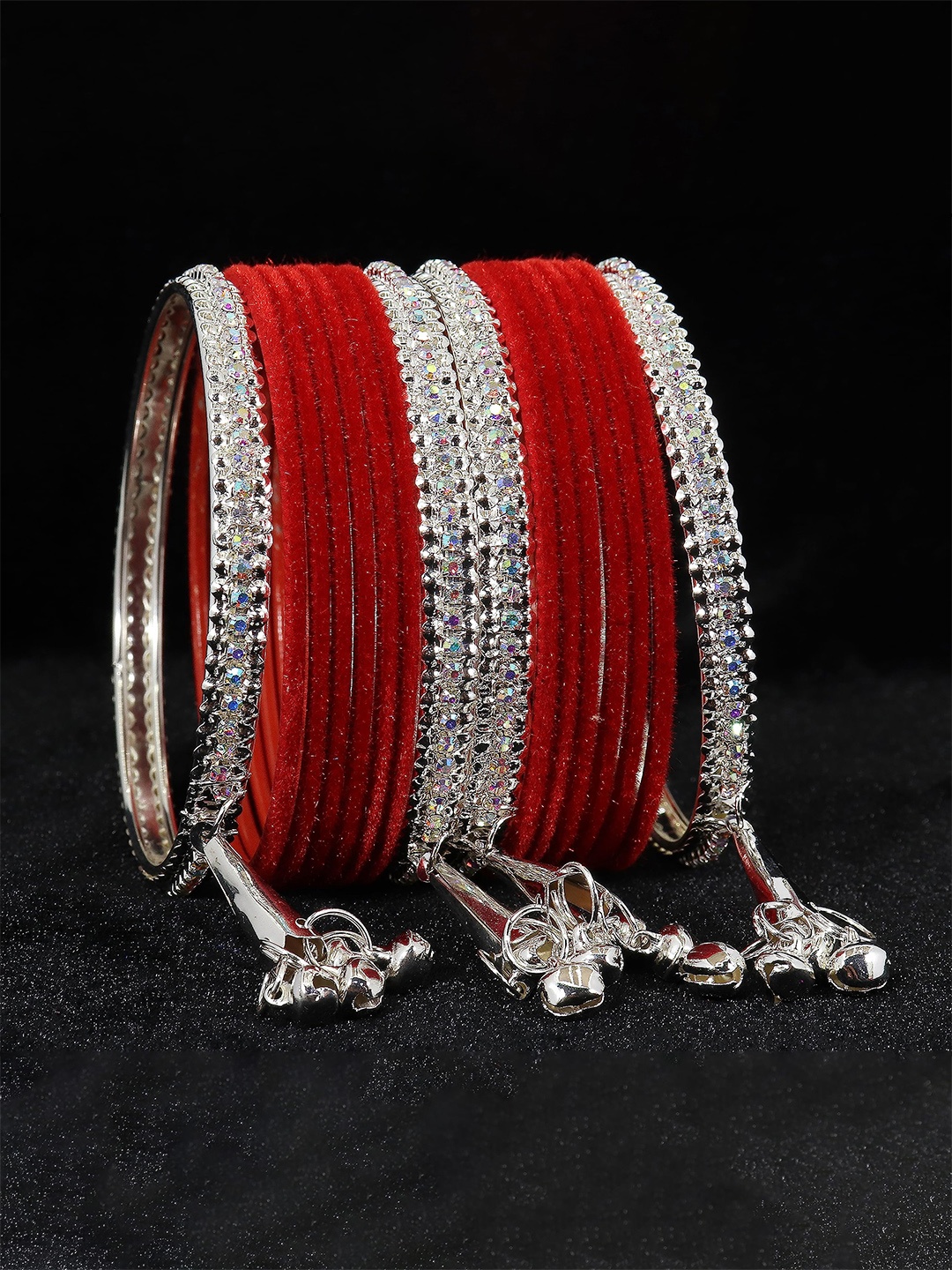 

ZULKA Set of 16 Metal with Zircon Gemstone and Velvet Studded Latkan Bangles, Magenta