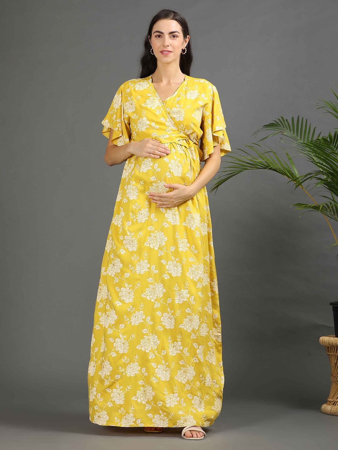 

GOLDSTROMS Women Printed Maternity Long Ethnic Dress, Yellow