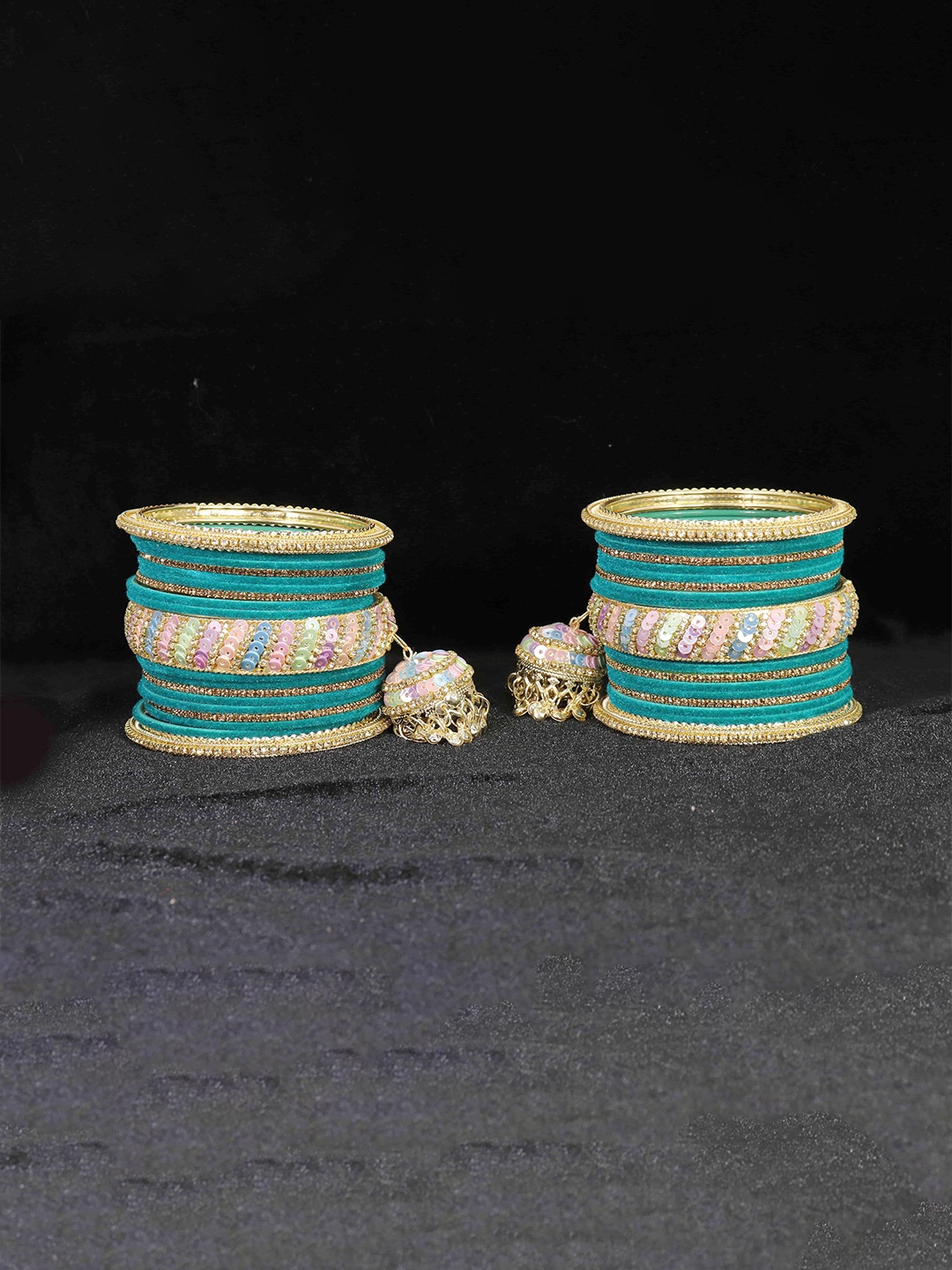 

ZULKA Set of 38 Silver-Plated Blue & Gold-Toned Stone-Studded Latkan Bangles