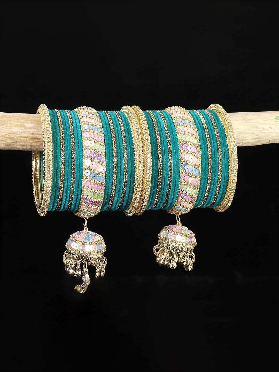 

ZULKA Set of 38 Stylish Zircon Diamond & Bells Latkan Metal Bangles, Teal